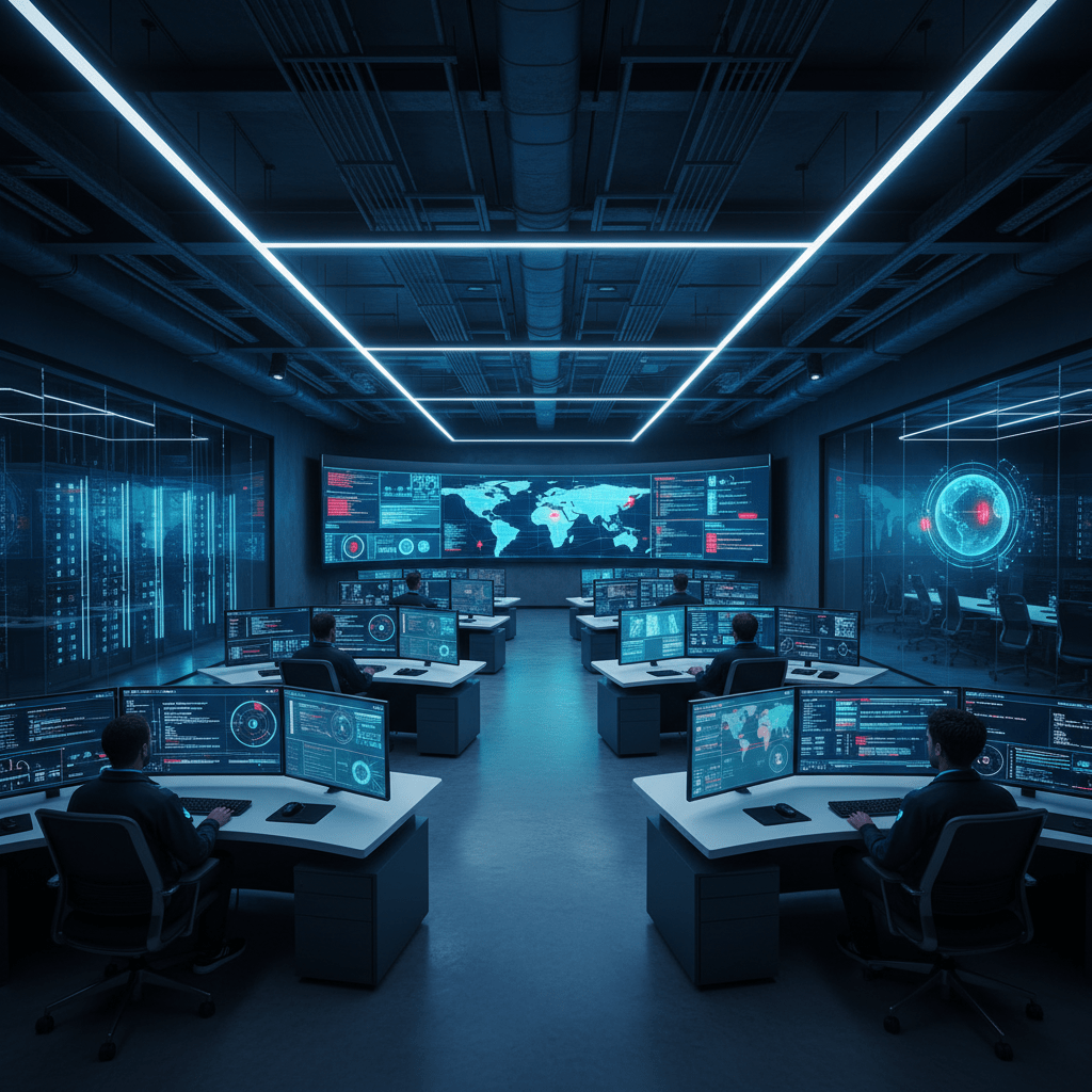 Analysts monitor global data on multiple screens in a high-tech cybersecurity operations center.