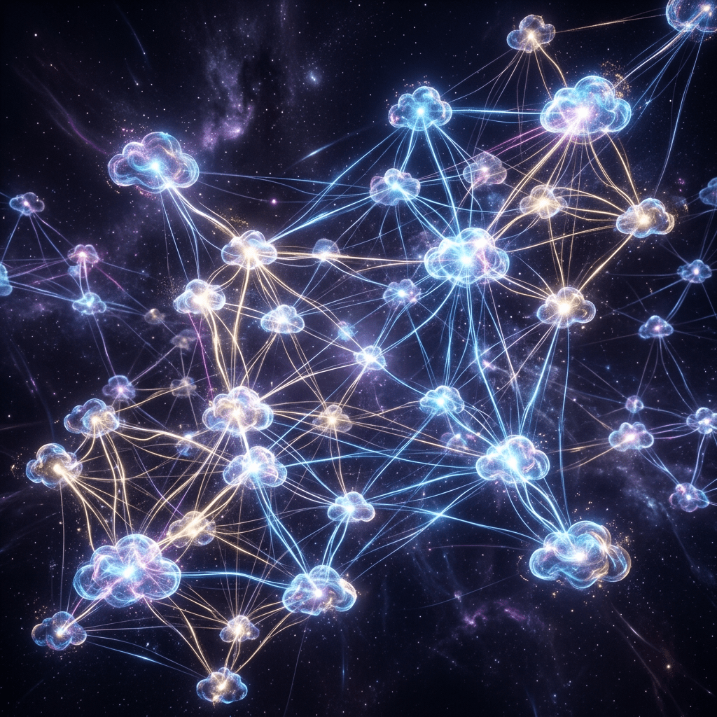 Glowing cloud icons linked by bright lines forming a network in space
