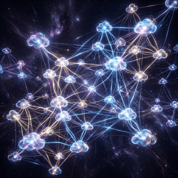Glowing cloud icons linked by bright lines forming a network in space