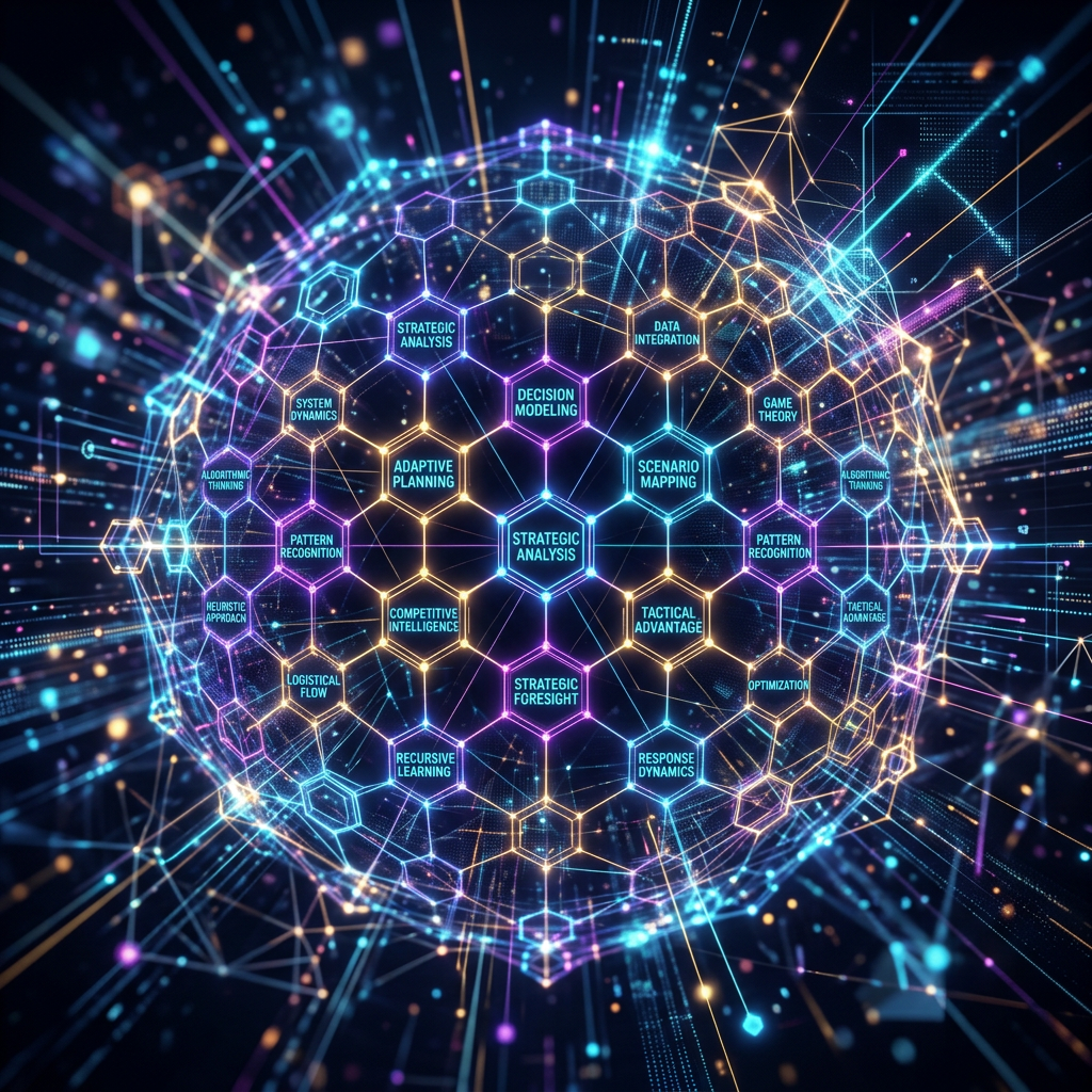 Digital sphere with interconnected hexagons labeled with strategic planning concepts