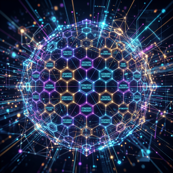 Digital sphere with interconnected hexagons labeled with strategic planning concepts